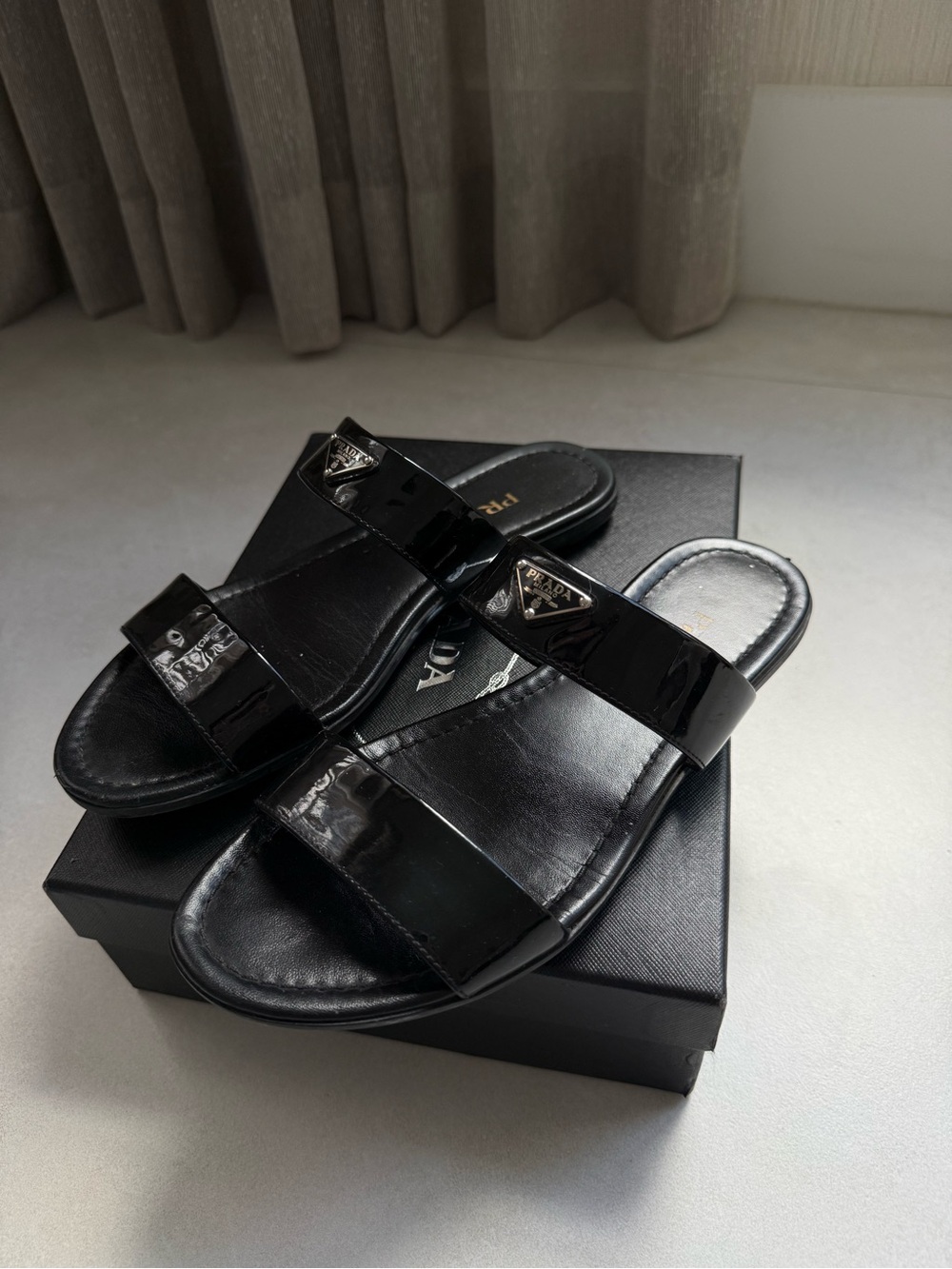 Prada Black Patent Leather Double-Strap Slide Sandals - Picture 4 of 8
